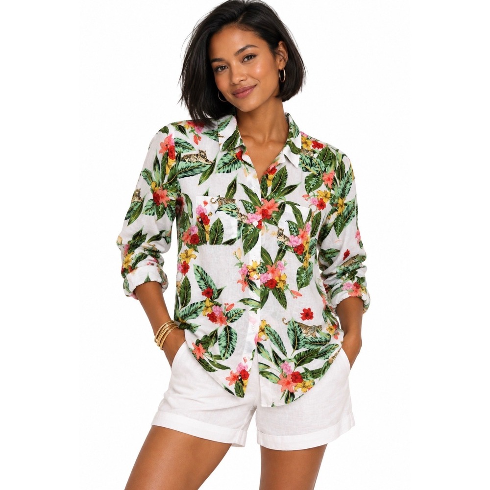 Luxury Linen Tropical Shirt Women Size Petite S Resortwear Vacation Animal Print